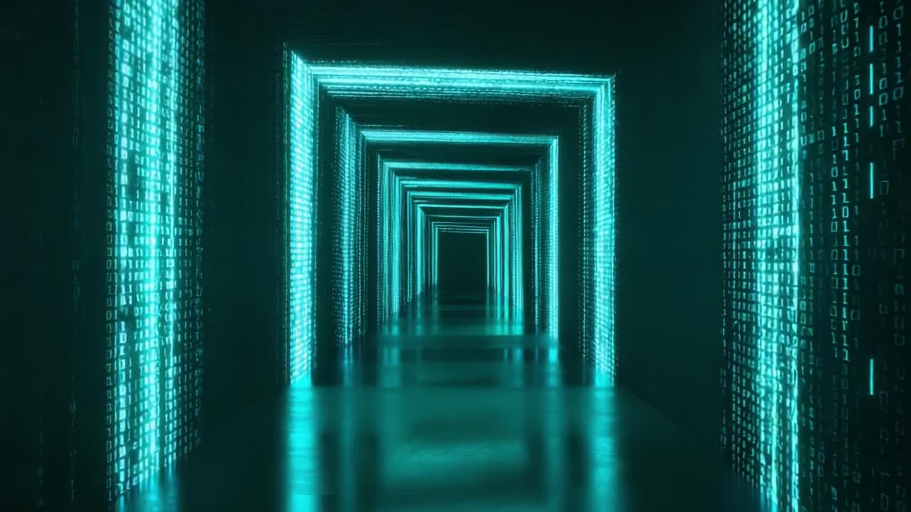 Forward motion through an endless futuristic data tunnel with glowing cyan binary code walls, representing concepts like digital technology, big data, hacking, and information highway