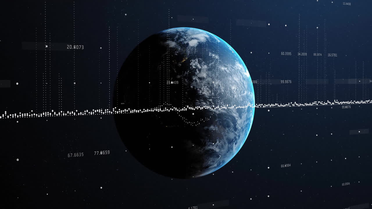 Animation of multiple graphs with changing numbers over globe against black background