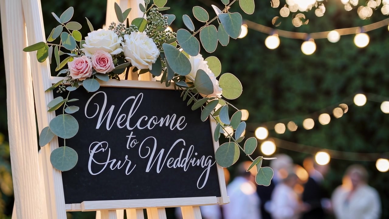 Cartello "Benvenuti al nostro matrimonio" decorato con fiori a un ricevimento all'aperto