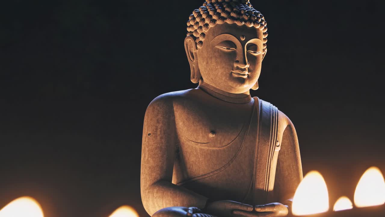 A serene Buddha statue illuminated by candlelight, captured in a low-angle shot, creating a peaceful