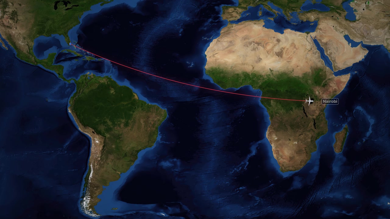 Airplane Flight Path from Miami to Nairobi on World Map