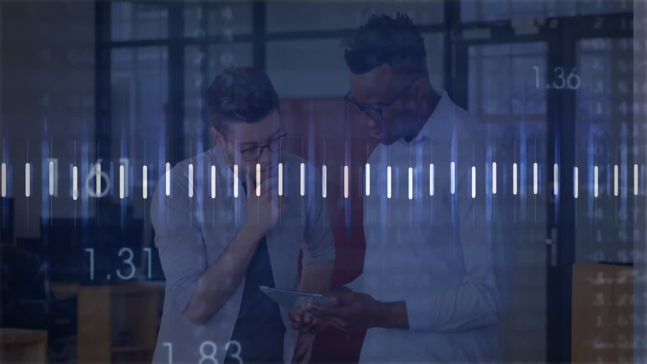 Two men collaborating over tablet in office, displaying tech analytics bars and numeric overlays