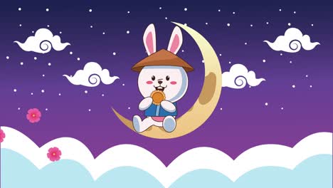 animación del festival de mediados de otoño con conejo y luna creciente en las nubes