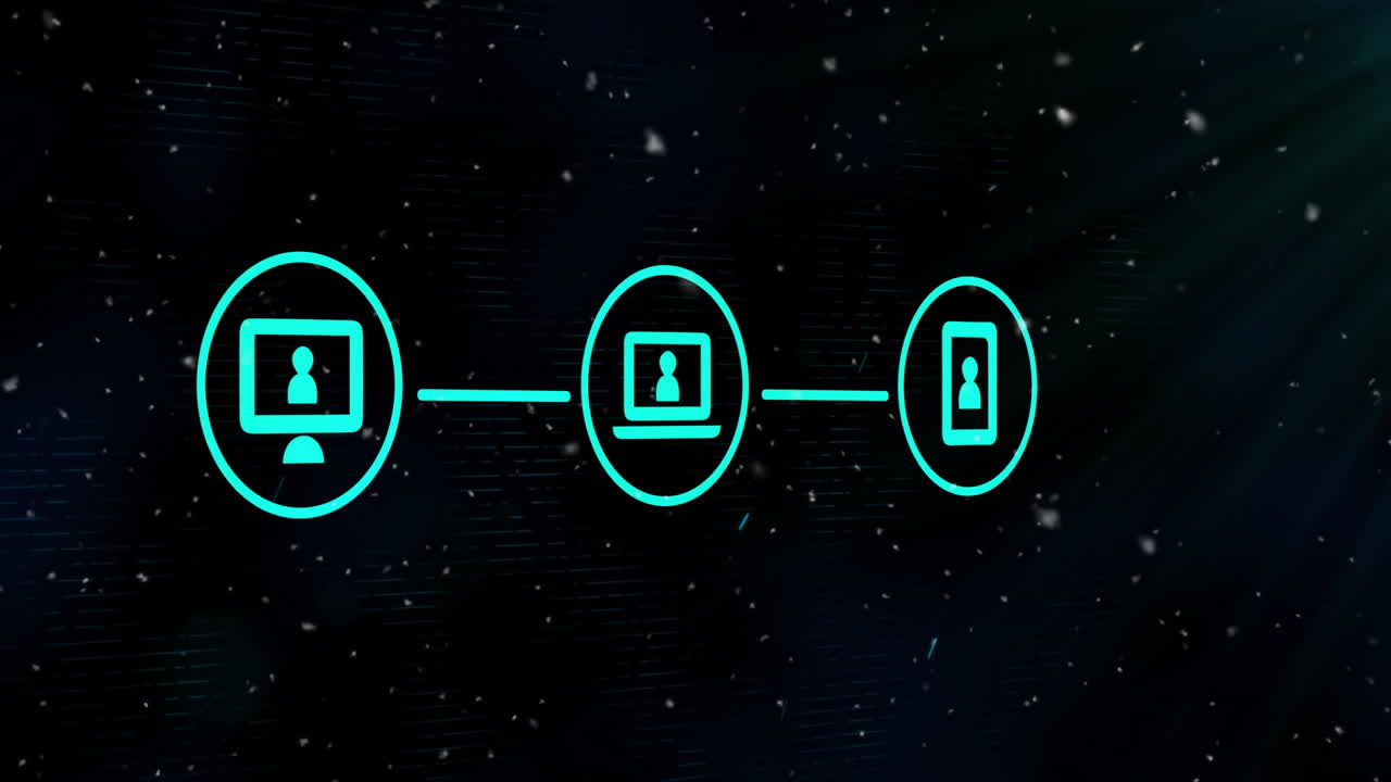 Animation of network of media icons over white particles falling on black background