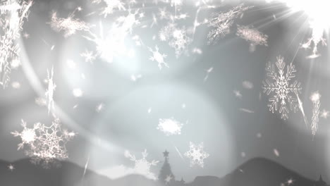 animación de la nieve de navidad cayendo sobre las decoraciones de navidad sobre un fondo gris