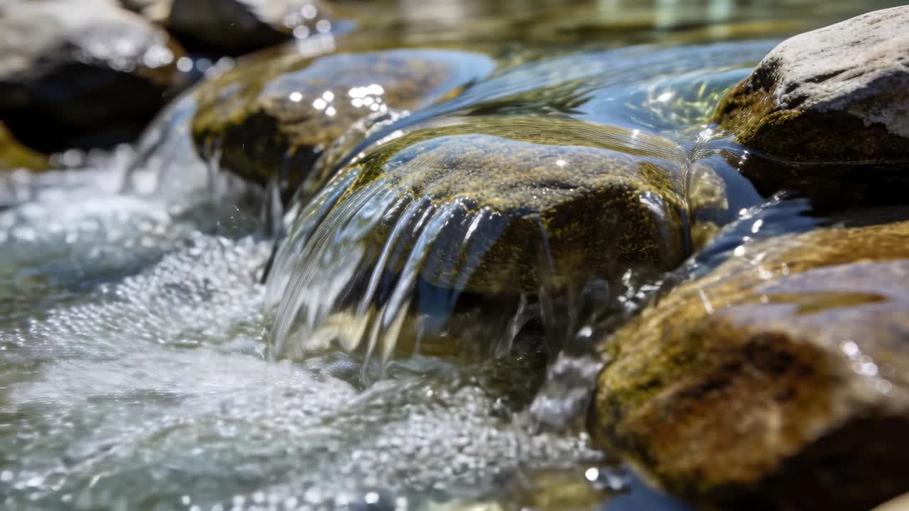 Video verticale: Acqua che scorre da monte che si riversa su rocce arrotondate in un torrente, formando bolle