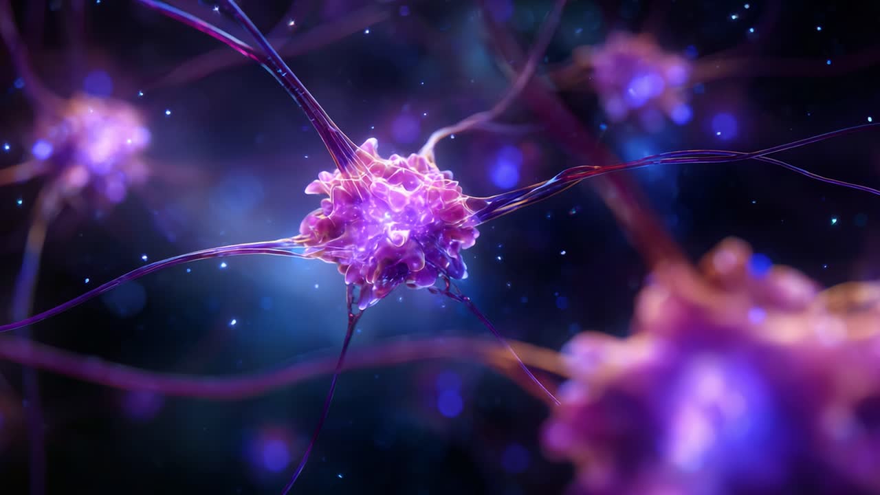 Splendida immagine ravvicinata di neuroni: esplorare le complessità e le connessioni delle reti neurali in una visualizzazione 3D vivace e colorata dell'attività cerebrale