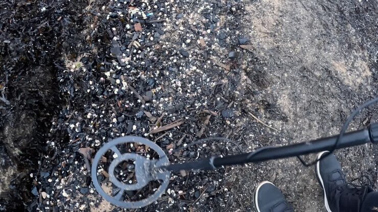 A metal detector coil sweeps across a dark, shell-covered shoreline as the searcher scans through washed-up debris and mixed textures