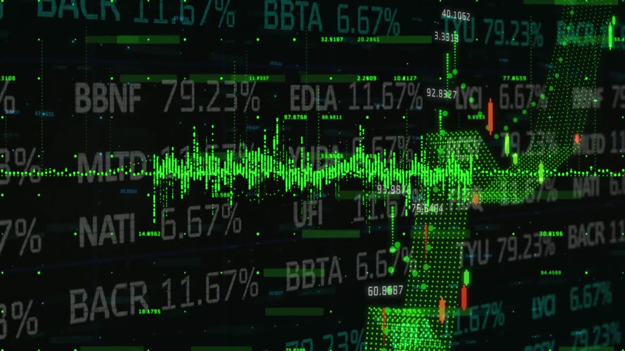 Animasjon av finansiell og aksjemarkedsdatabehandling mot svart bakgrunn.