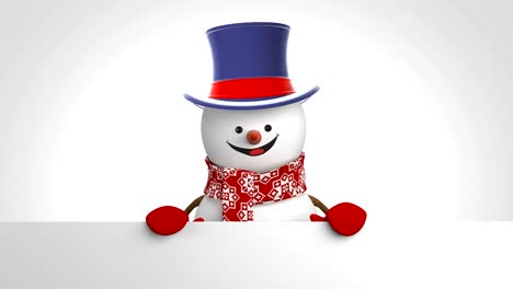 hombre de nieve gracioso con sombrero de cilindro saludando sobre fondo blanco. hermosa animación de dibujos animados en 3d máscara alfa de pantalla verde. tarjeta de felicitación animada. concepto de año nuevo. últimos fotogramas en bucle.