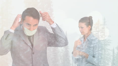 animación de un hombre poniendo una máscara de cara a una mujer tosiendo contra un paisaje de invierno