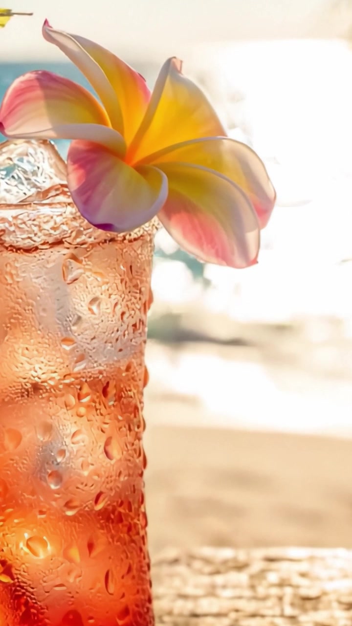 Refreshing Tropical Cocktail with Vibrant Flower Garnish Set Against a Serene Beach and Sparkling Ocean Background Capturing a Perfect Summer Vibe