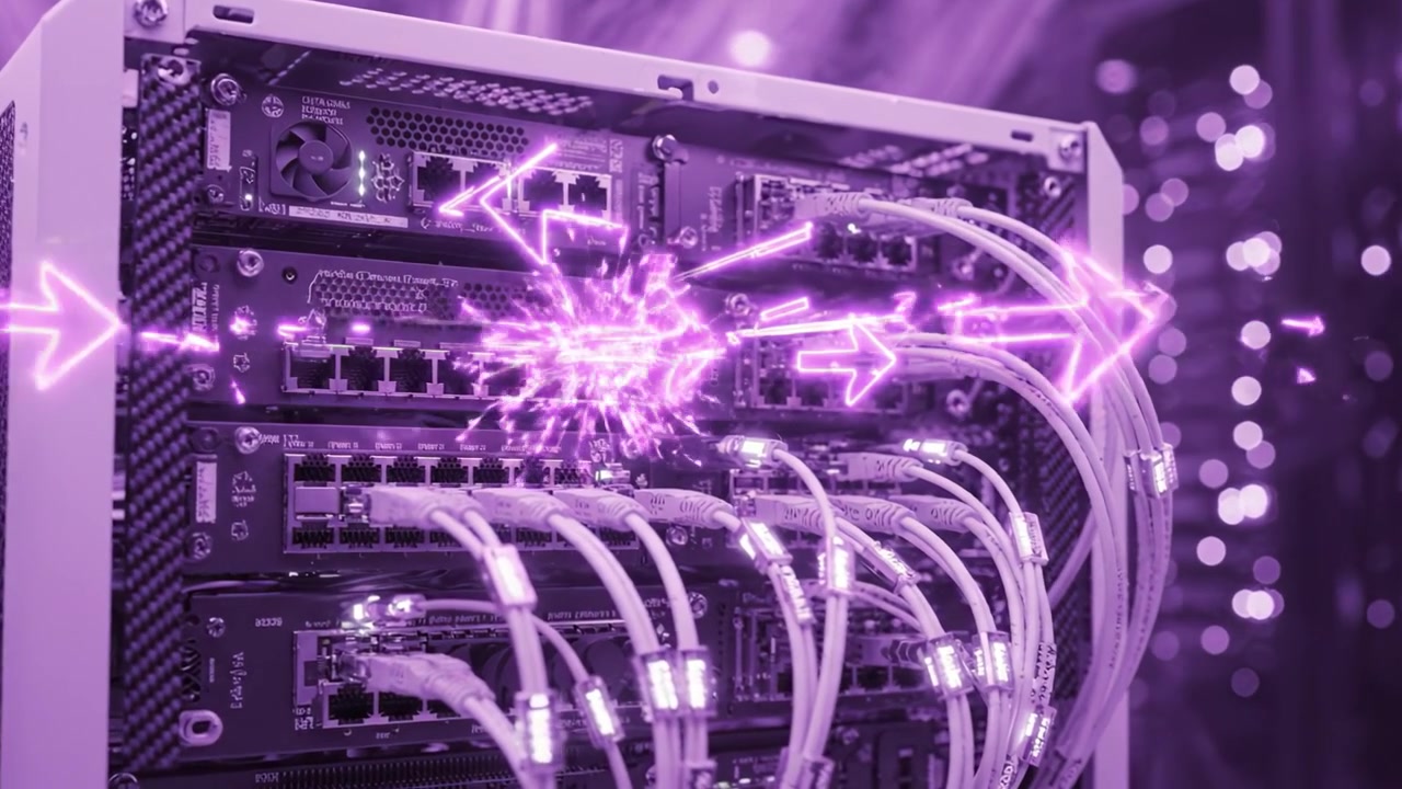 A stunning view of a high-tech server rack featuring illuminated connections and a vibrant purple ambiance, emphasizing the core of modern data storage and management.