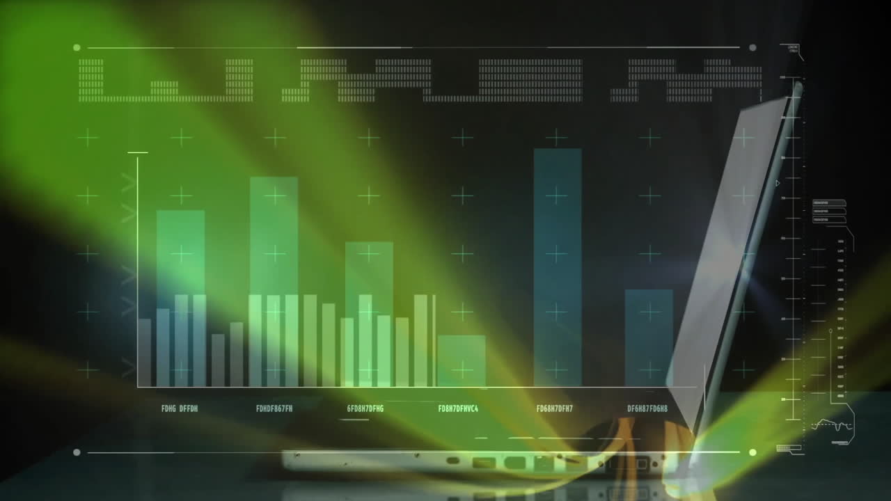 animación de gráficos de barras y análisis de datos a través del teclado de la computadora portátil en el entorno de la oficina