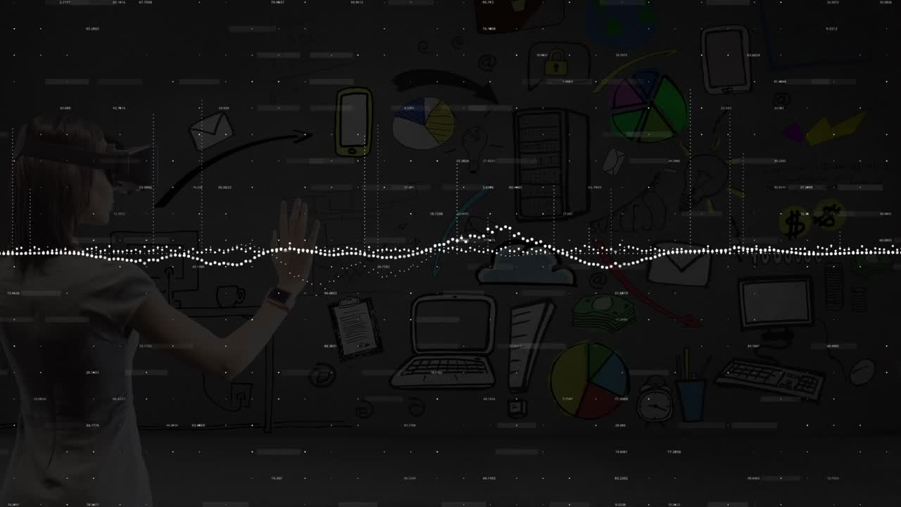 Animation of data processing and icons over caucasian woman using vr headset