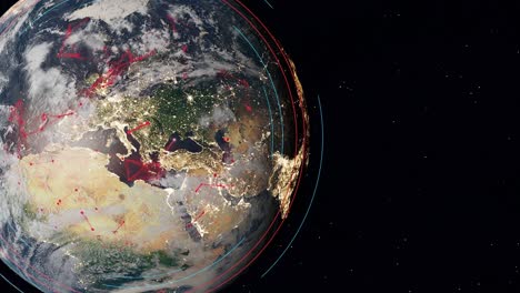 el planeta este girando vista desde el espacio con animación gráfico de infografías que muestran la conexión a internet tecnología velocidad de transmisión de datos en la ciudad inteligente capital de europa