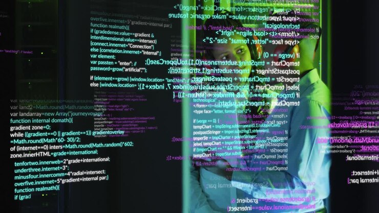 Animation of data processing over african american male and female engineers working at server room