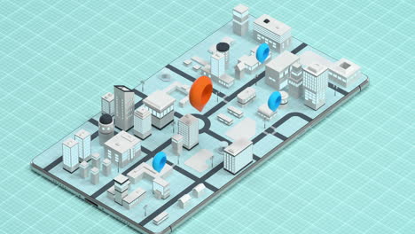 3d city on the mobile phone with location pins, 3d rendering.