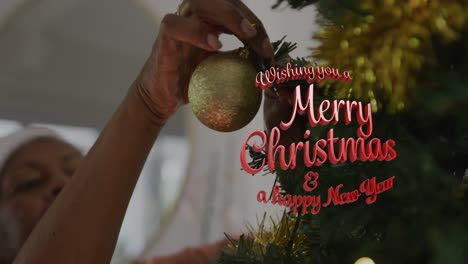 animation of wishing you a merry christmas and a happy new year text over african american woman