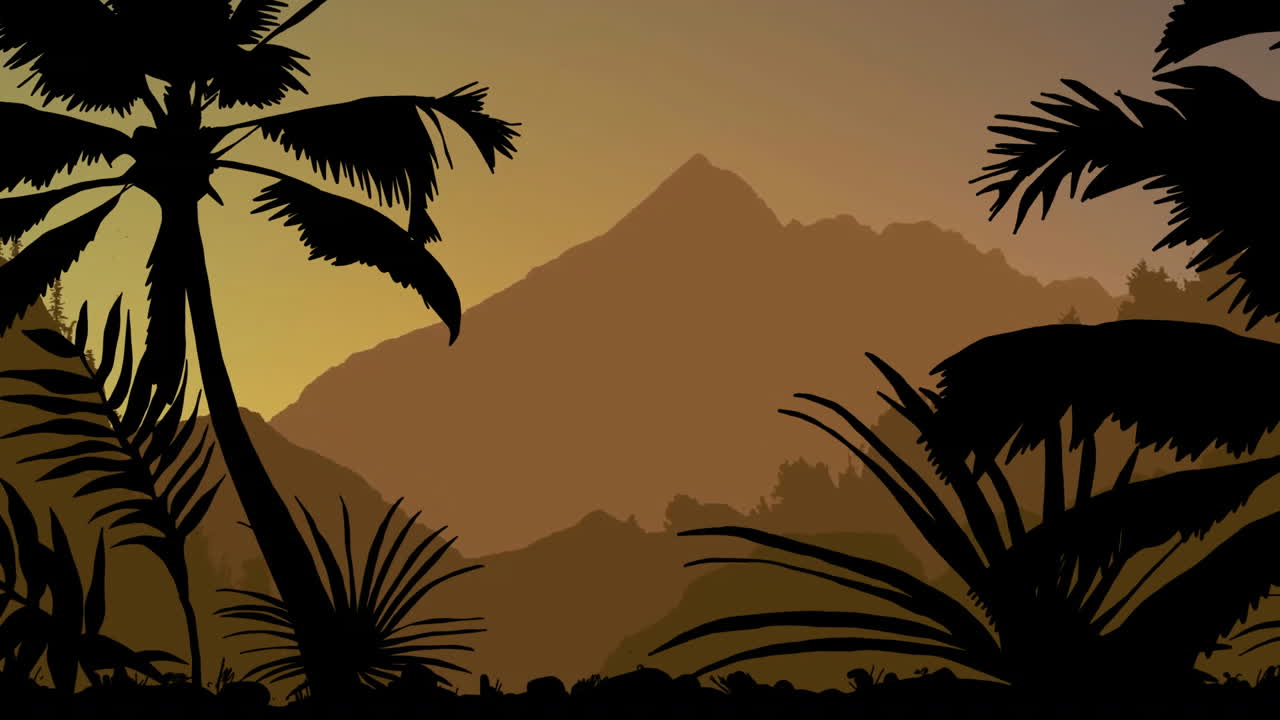 Animation of silhouette of palm trees over mountains on brown background