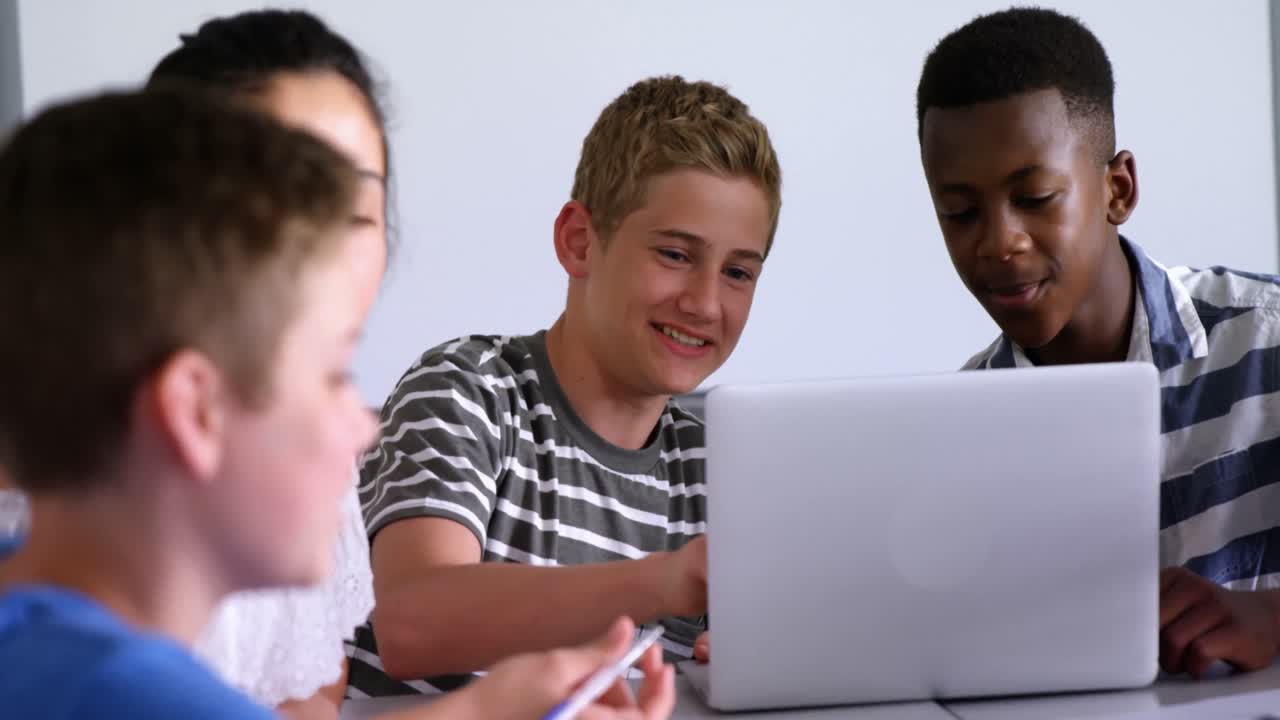 Schoolkids using laptop in classroom 4k