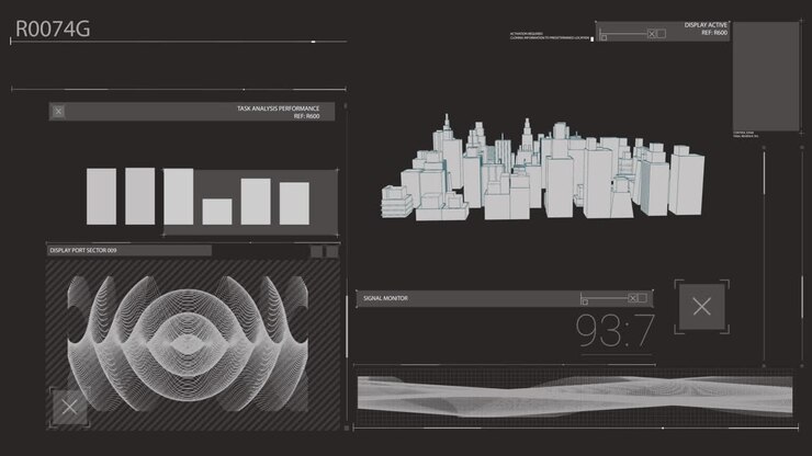 Animation of graphs and rotating 3D city on black screen