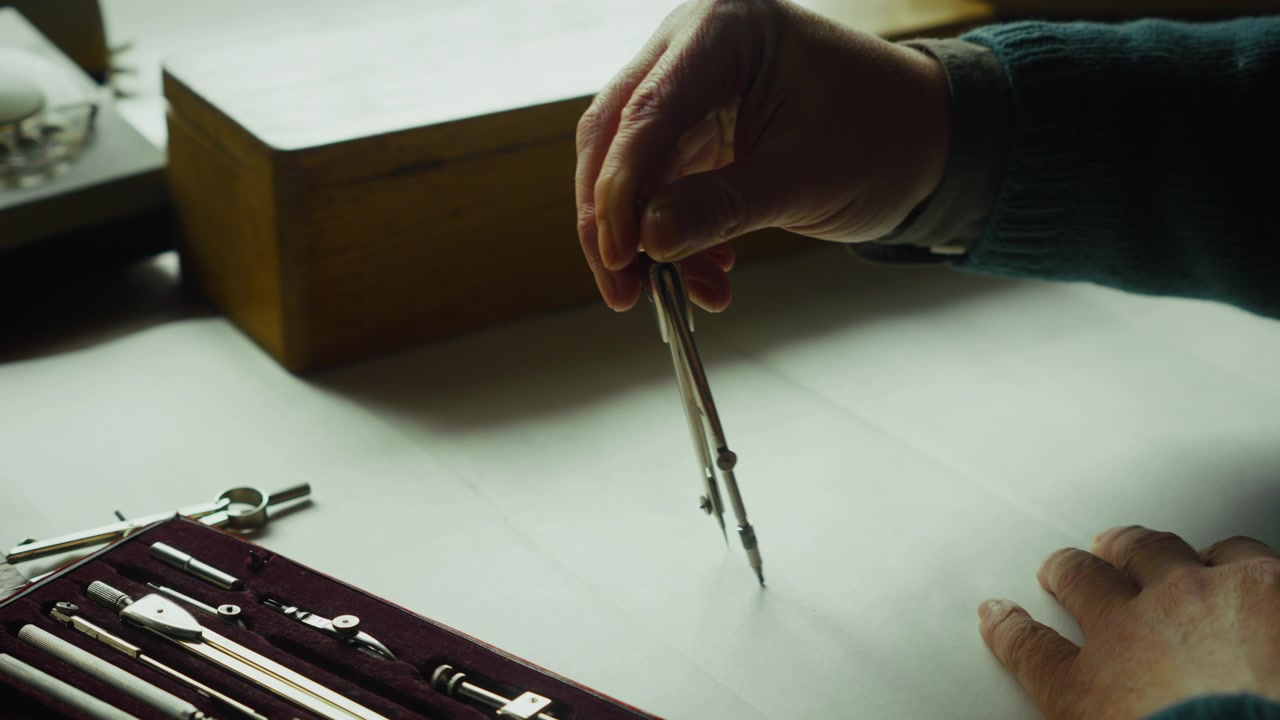 Medium shot of a person using a compass to draw a precise circle, emphasizing accuracy, planning, and disciplined technical or creative work.
