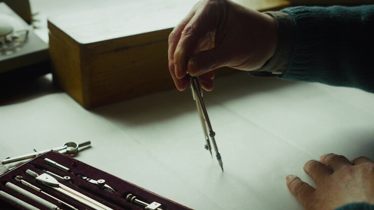 Medium shot of a person using a compass to draw a precise circle, emphasizing accuracy, planning, and disciplined technical or creative work.