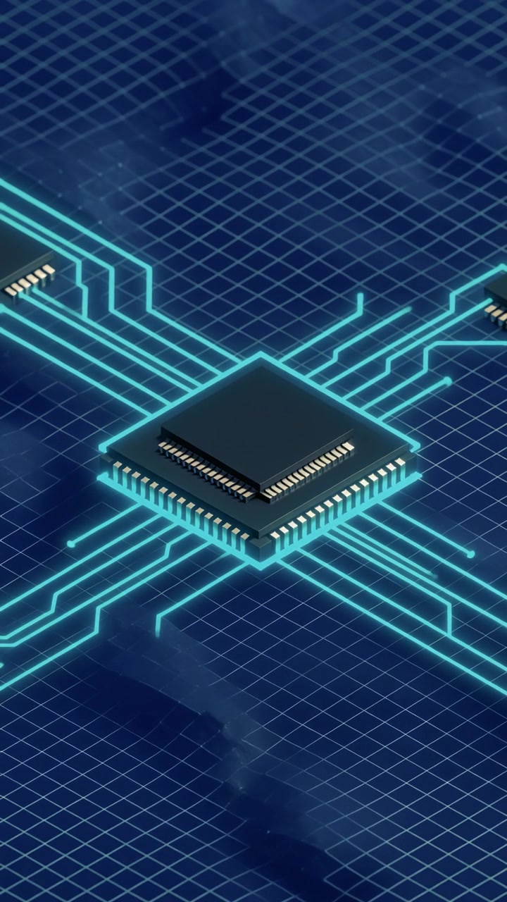 Digital mikrochip processor med glødende datakredsløbslinjer