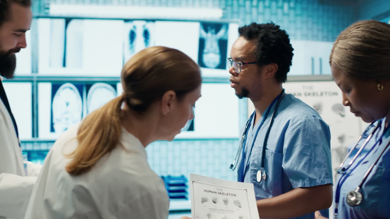 Medical team analyzing x-rays and studying human anatomy