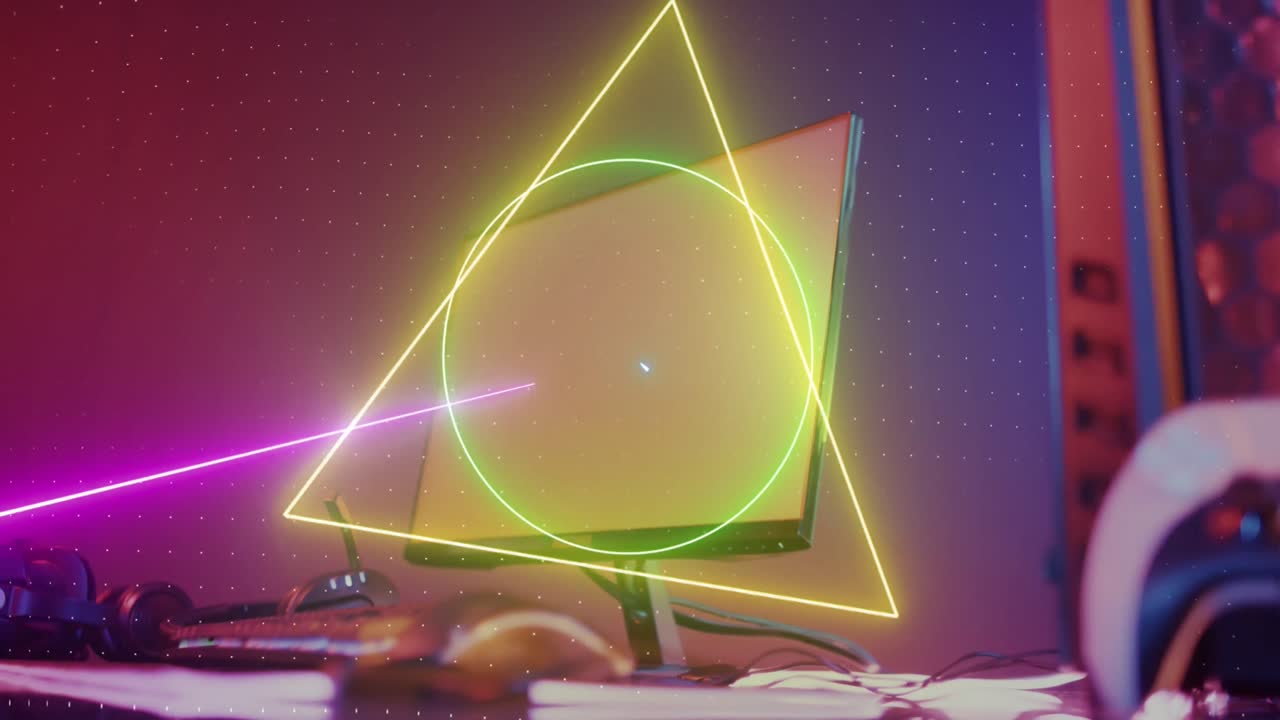animación de formas de neón sobre equipos informáticos de videojuegos