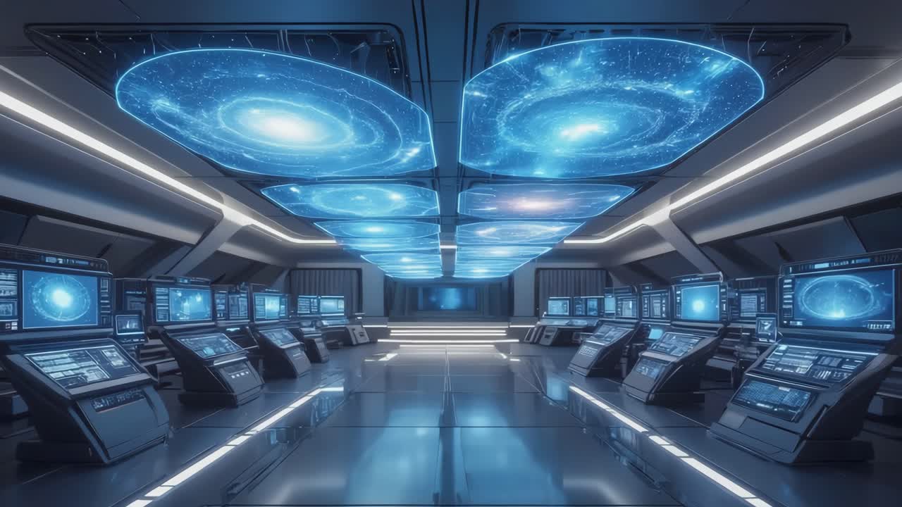 Futuristic Spaceship Control Room with Galaxy Visualization