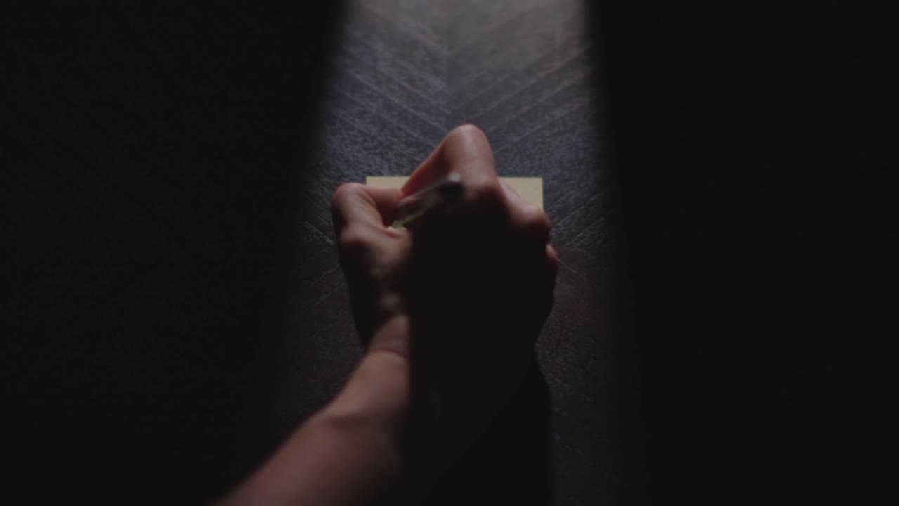 Slow motion close up footage of a hand writing out "Today" on a paper note, underlining it, and placing it on a table. Shot in dramatic lighting for an impressive title or transition