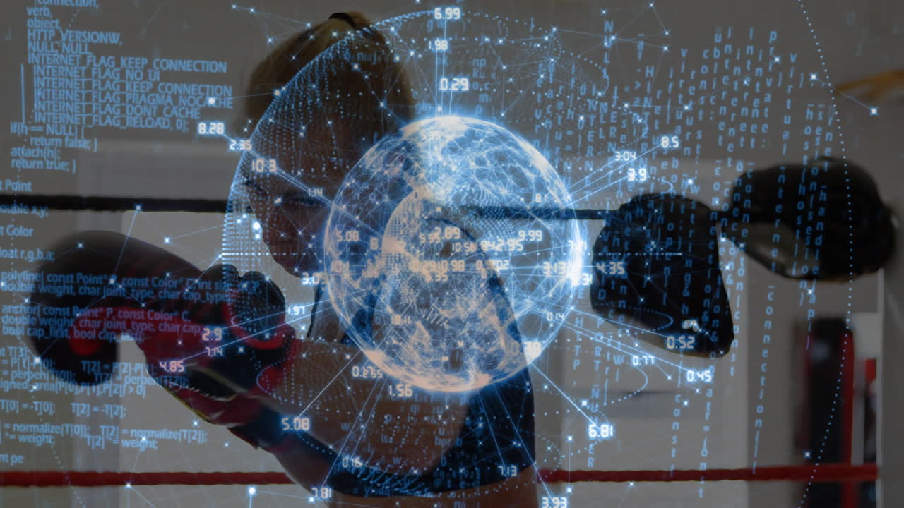Woman boxing in ring wearing VR headset and gloves, exploring technology with holographic globe