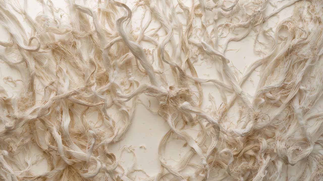Moving tangled fibers settling after slight camera shift on soft backing, showing frayed ends