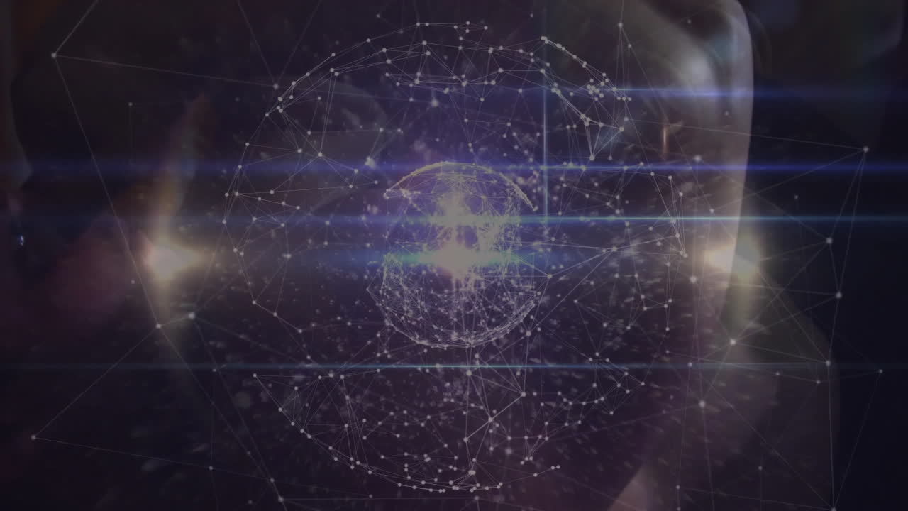 Network of connections and data processing animation over human face in background