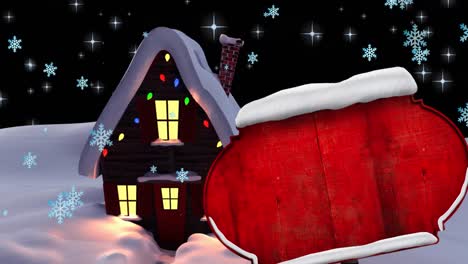 Animation-of-road-sign-with-copy-space-and-snow-falling-over-house-at-christmas-and-winter-landscape