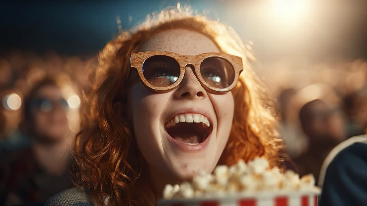 Joyful Moviegoer with Popcorn Enjoys Cinematic Experience in a Vibrant Theater Atmosphere, Capturing the Excitement and Enthusiasm of Film Watching