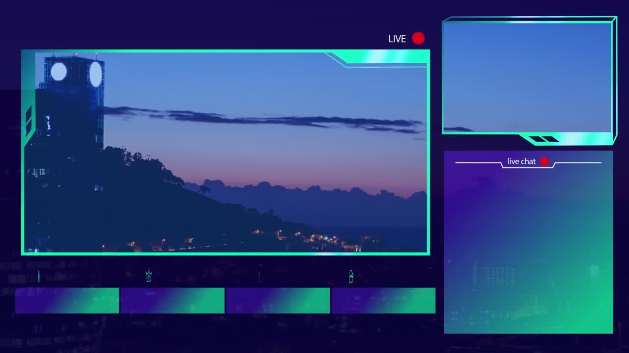 Animazione di un'interfaccia con elaborazione dati sullo sfondo di una veduta aerea di un paesaggio urbano al tramonto.
