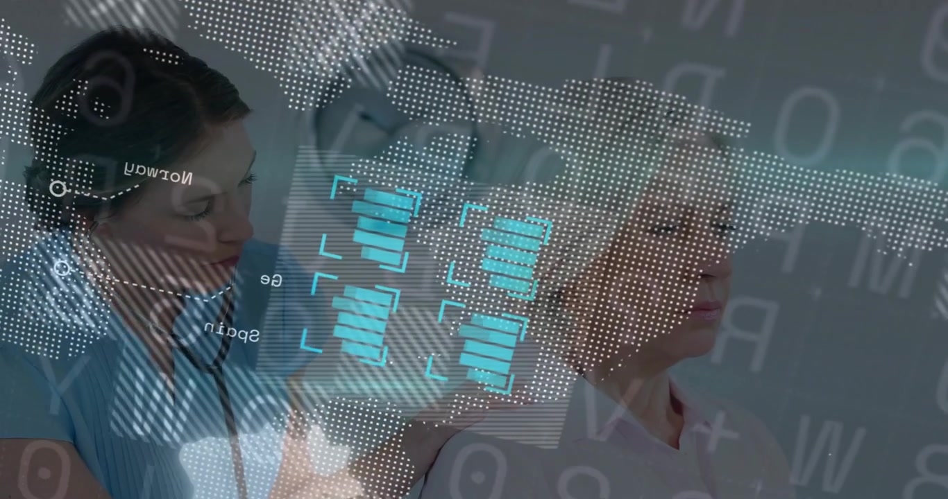 Nurse entering and placing stethoscope on patient for health check as digital overlay intensifying