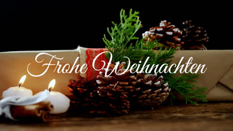 animation of frohe weihnachten christmas greetings text over candles and christmas decorations