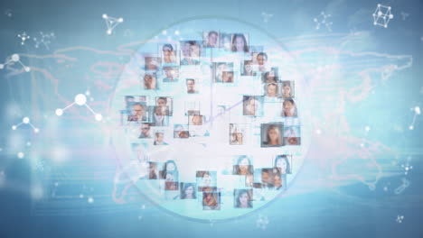 animación de iconos de personas sobre formas y mapa del mundo
