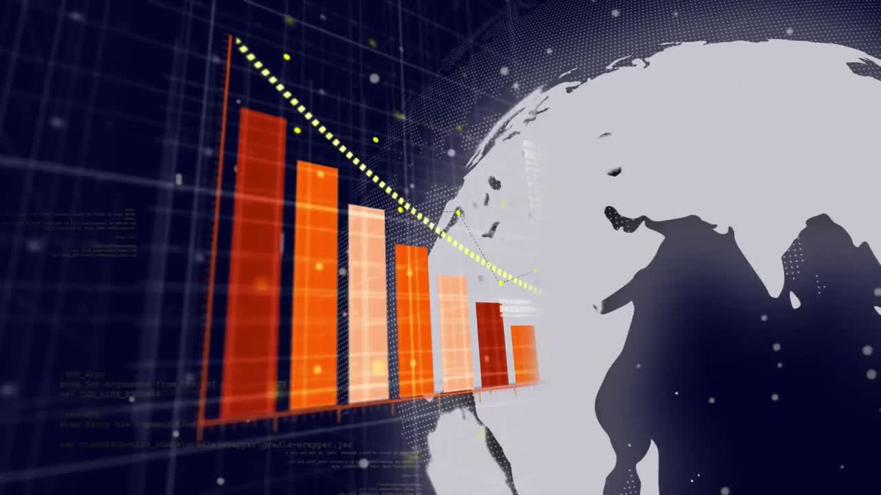 Animation of globe and financial data processing on black background