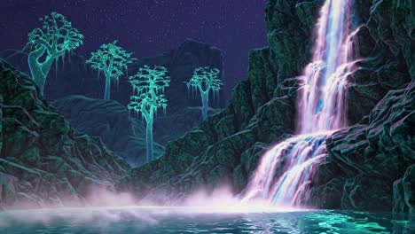 cascada brillante en un paisaje alienígena místico por la noche