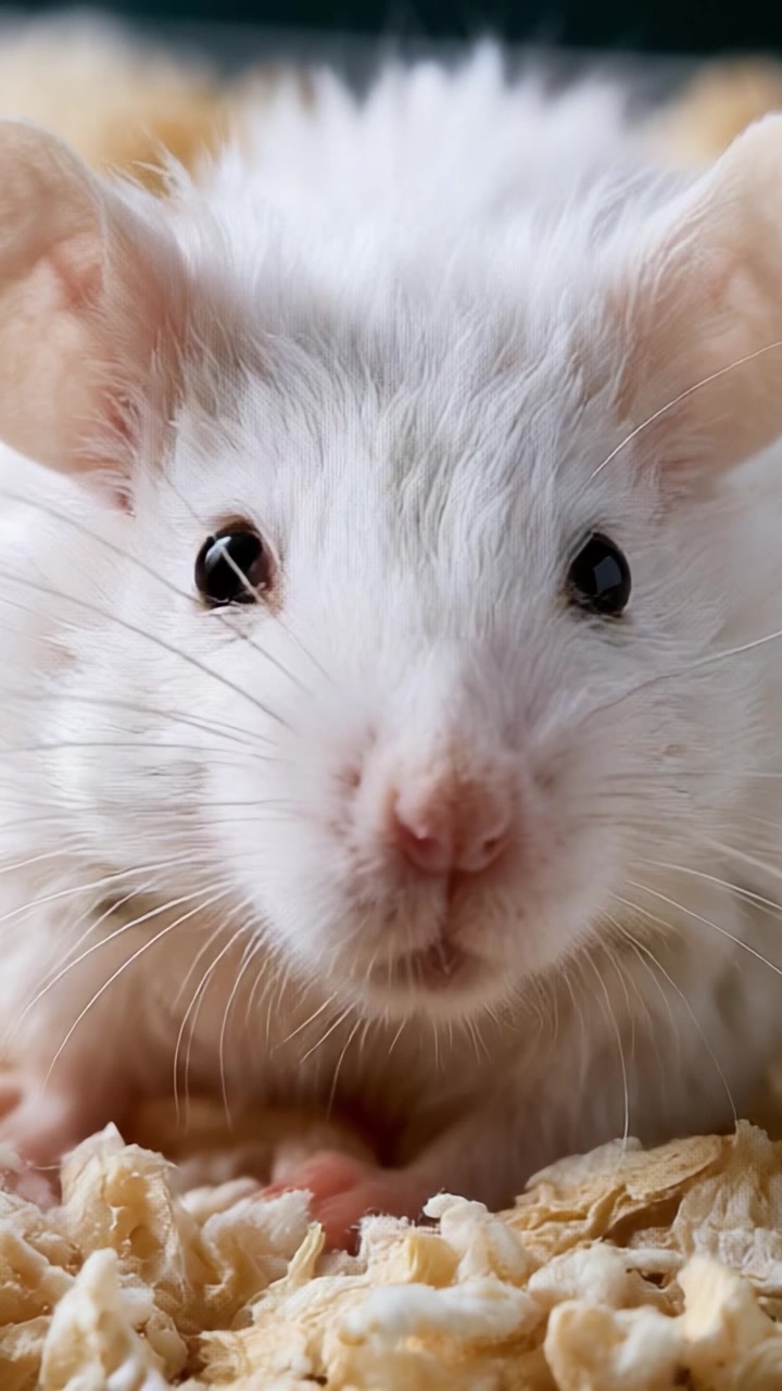 Primo Piano Accattivante di un Adorabile Criceto Bianco Che Mostra le Sue Caratteristiche Uniche e la Sua Natura Giocosa in un Ambiente Accogliente, Circondato da Morbido Materiale da Lettiera.