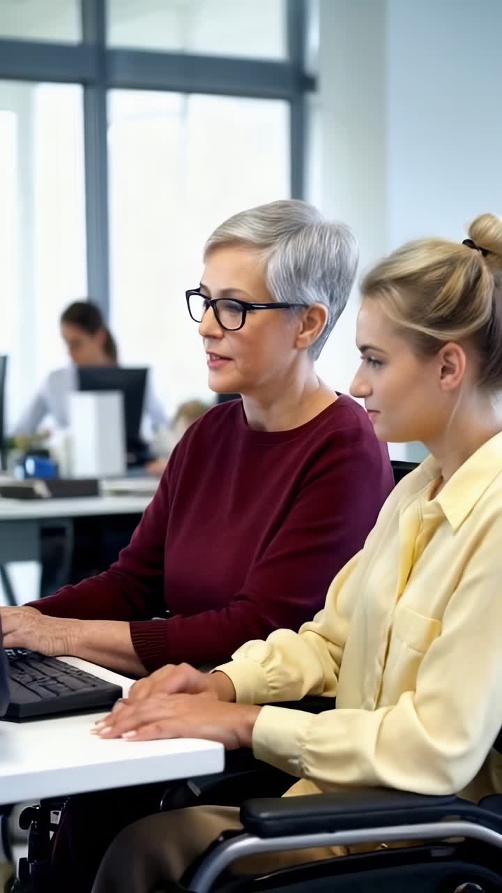 Two female executives of different ages work together in the office