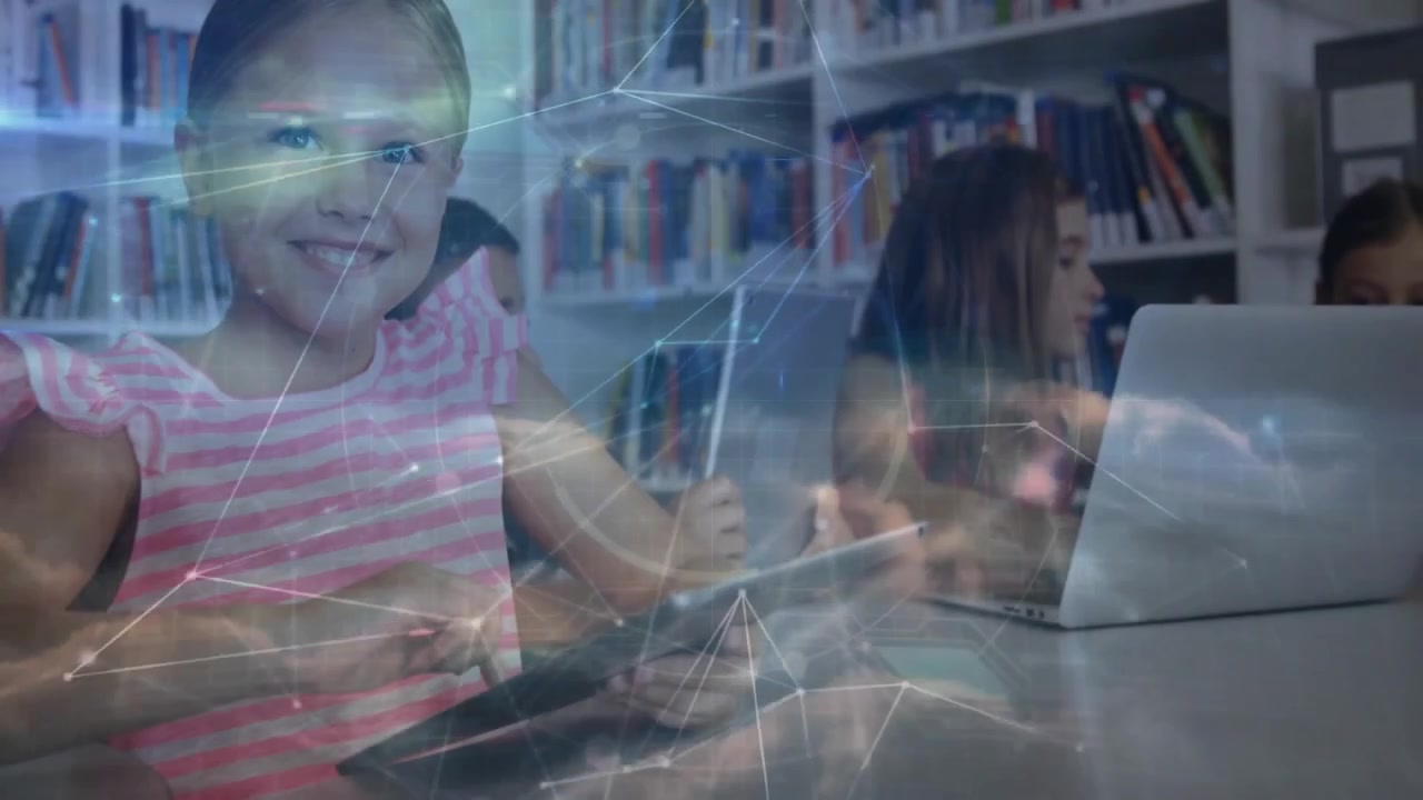 Girl tapping tablet for learning, sparking animated education network overlay alongside classmates