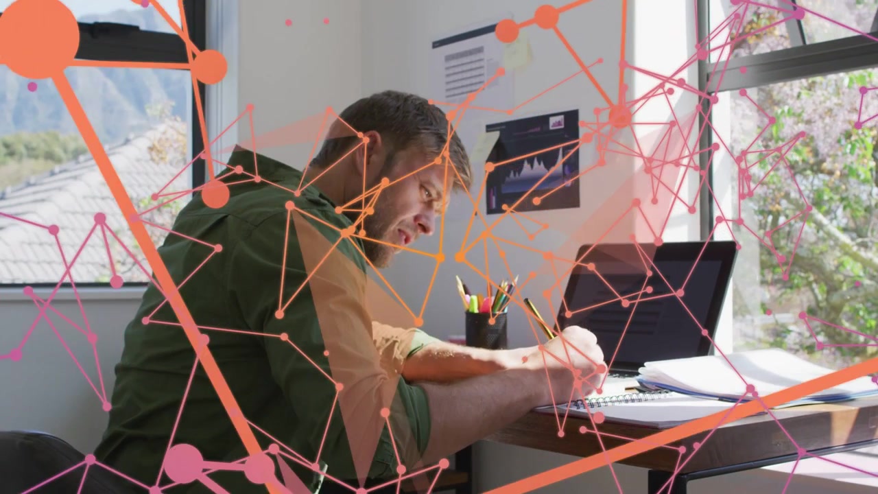 Man starting pencil contact on spiral notebook, writing notes for work while overlay shifting