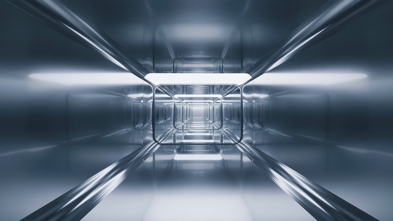 Shiny Chrome Tunnel With Reflective Walls, Clinical Lighting And Polished Steel Surfaces, Symmetrical Passage