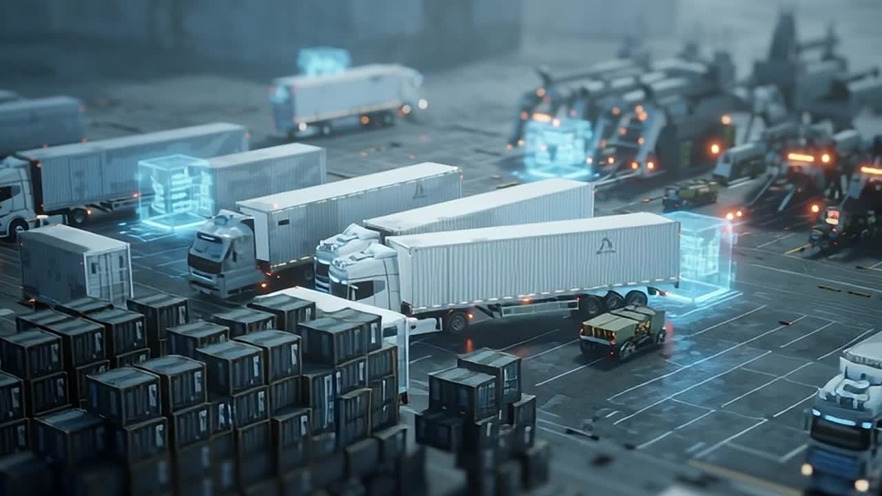 Trucks maneuvering through a high-tech shipping yard at dusk